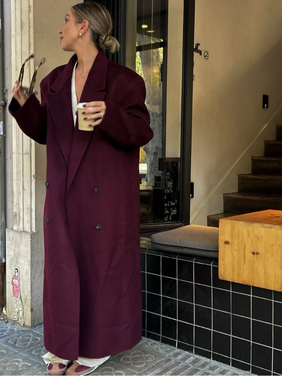 Oversized Burgundy Wool-Blend Coat for Women – Long Winter Jacket with Shoulder Pads