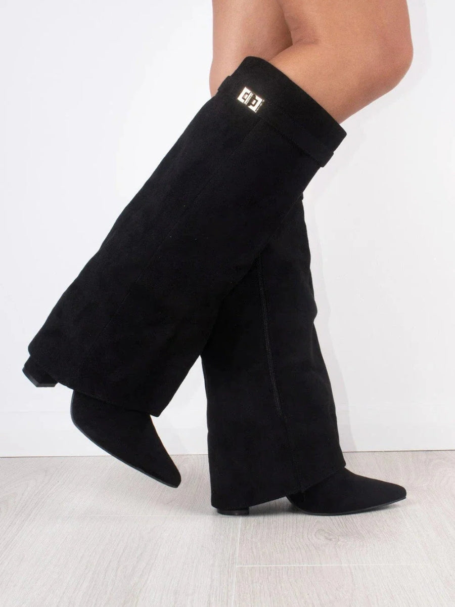 Women’s Black Suede Knee-High Boots – Pointed Toe Low Heel