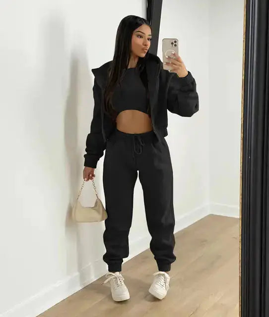 Women’s Three-Piece Tracksuit Set – Cream Bomber Jacket, Crop Top and Joggers