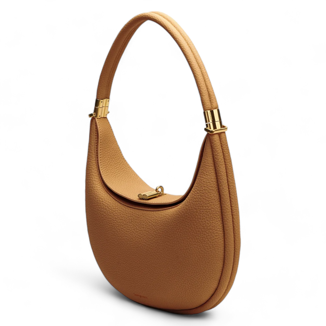 Black Leather Crescent Shoulder Bag with Gold Hardware