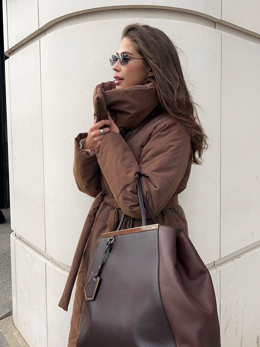 Long White Belted Puffer Coat for Women – Elegant Winter Jacket