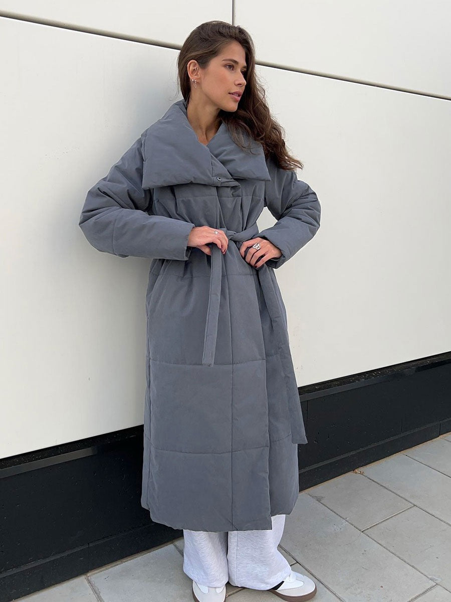 Long White Belted Puffer Coat for Women – Elegant Winter Jacket