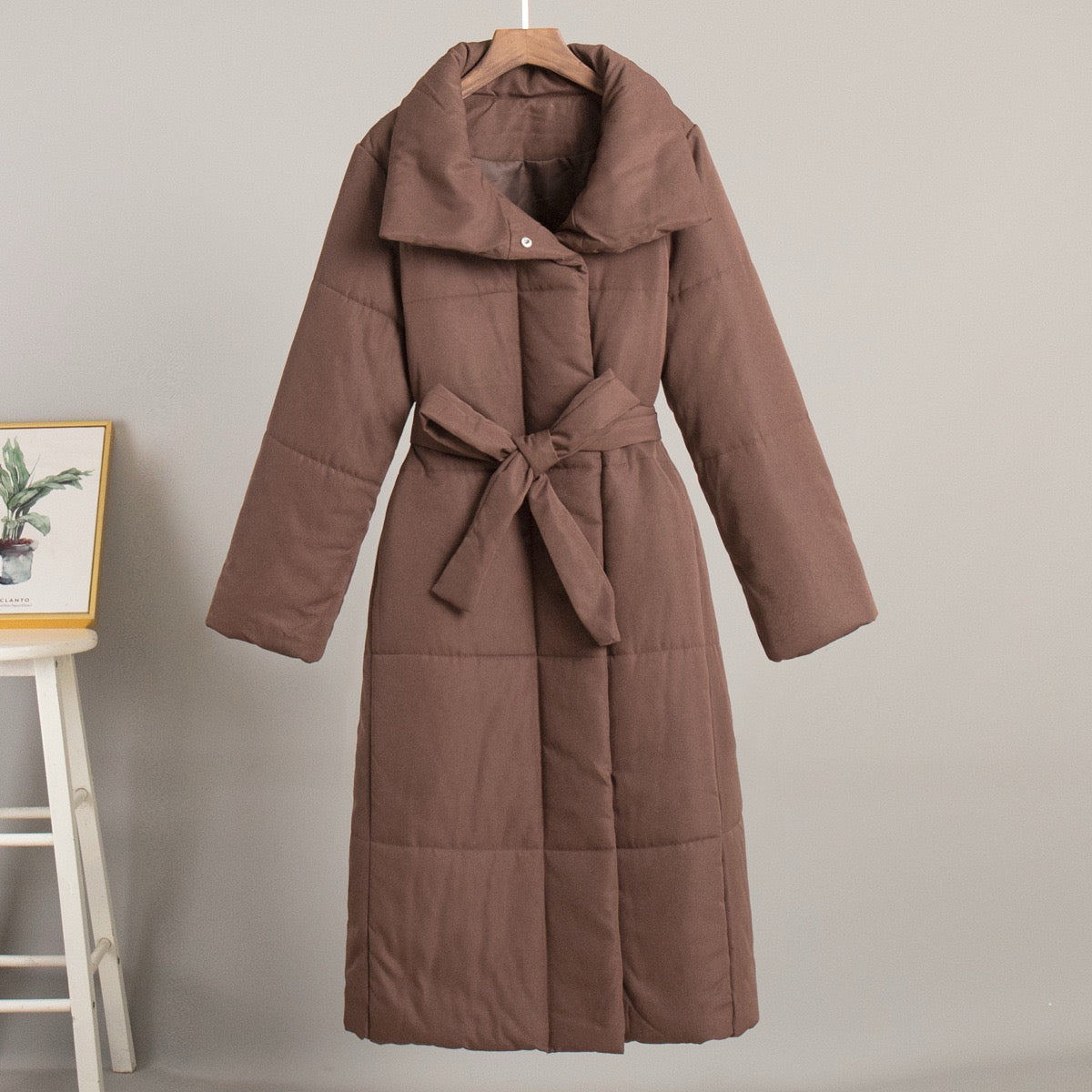 Long White Belted Puffer Coat for Women – Elegant Winter Jacket