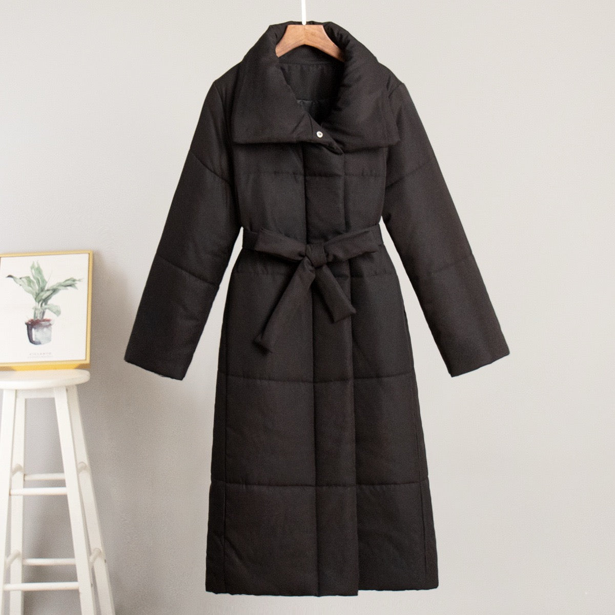 Long White Belted Puffer Coat for Women – Elegant Winter Jacket