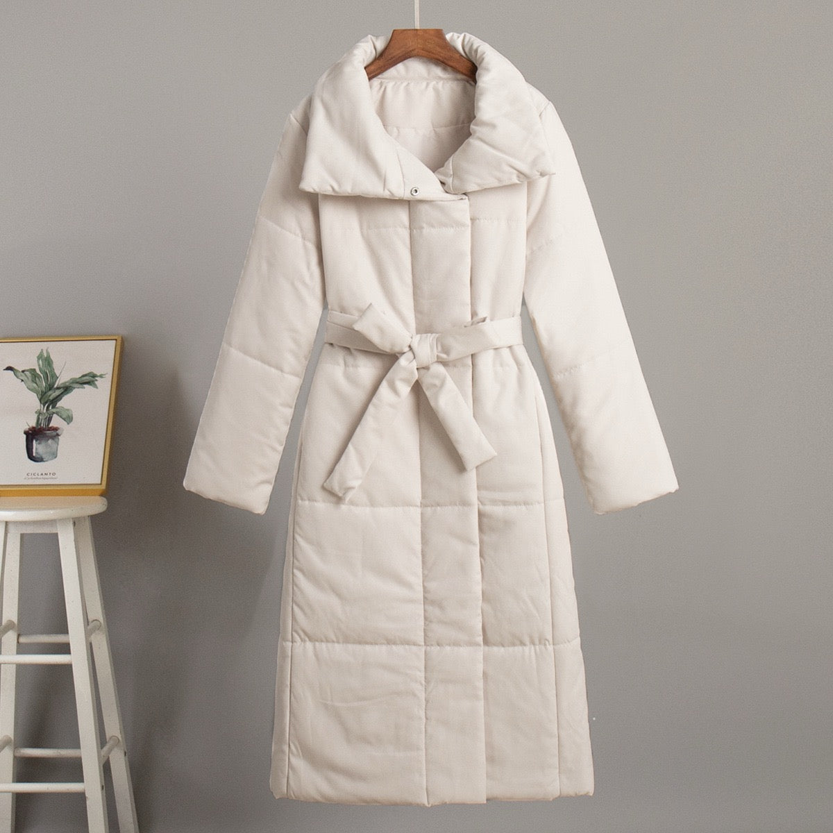 Long White Belted Puffer Coat for Women – Elegant Winter Jacket