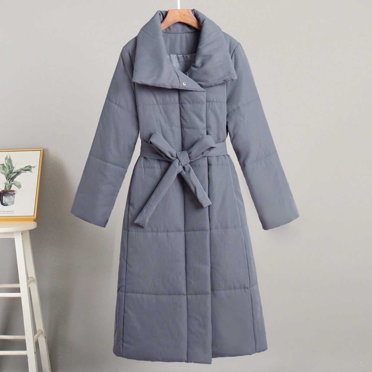 Long White Belted Puffer Coat for Women – Elegant Winter Jacket