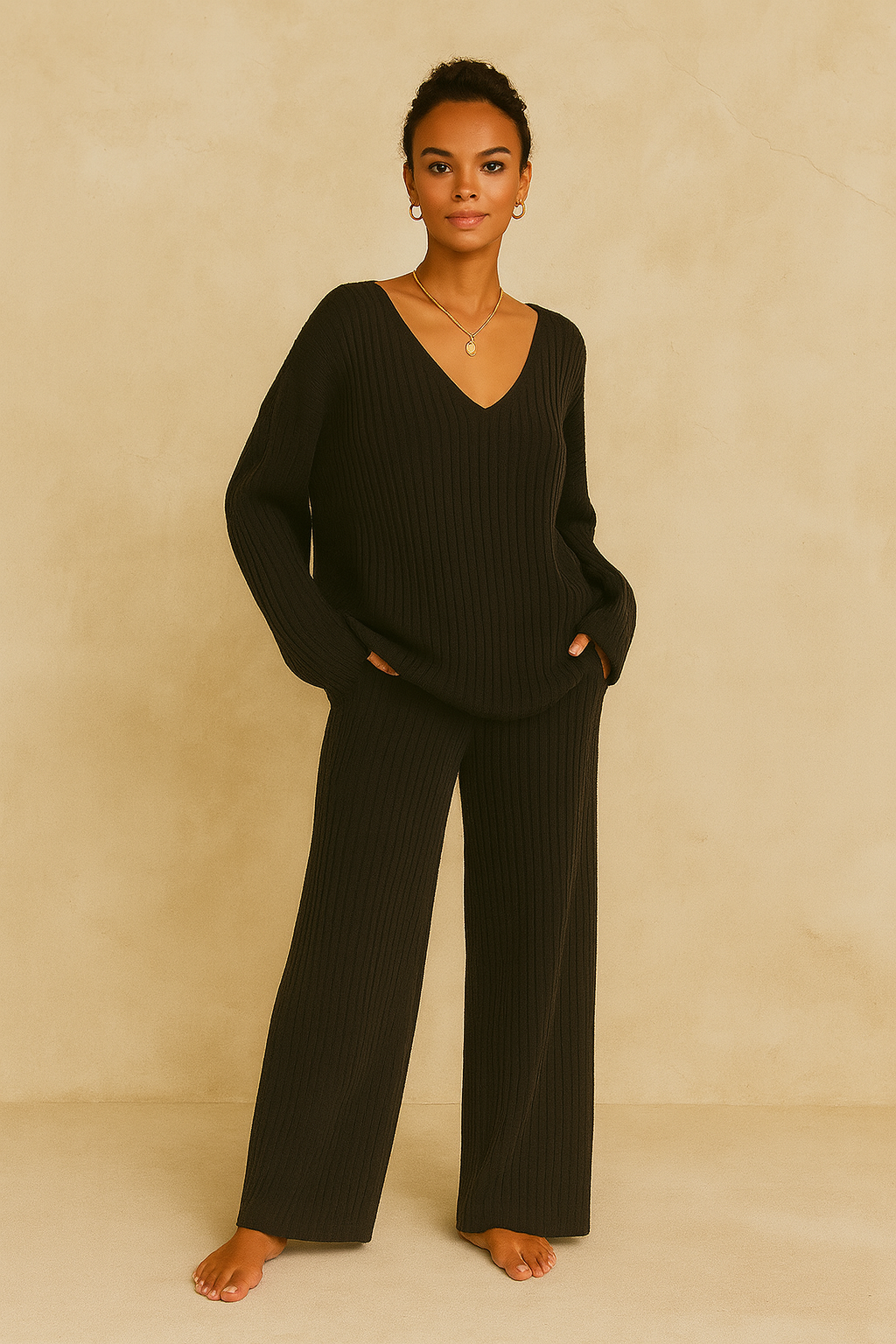 Women’s Beige Ribbed Knit Loungewear Set – V-Neck Sweater & Wide-Leg Pants
