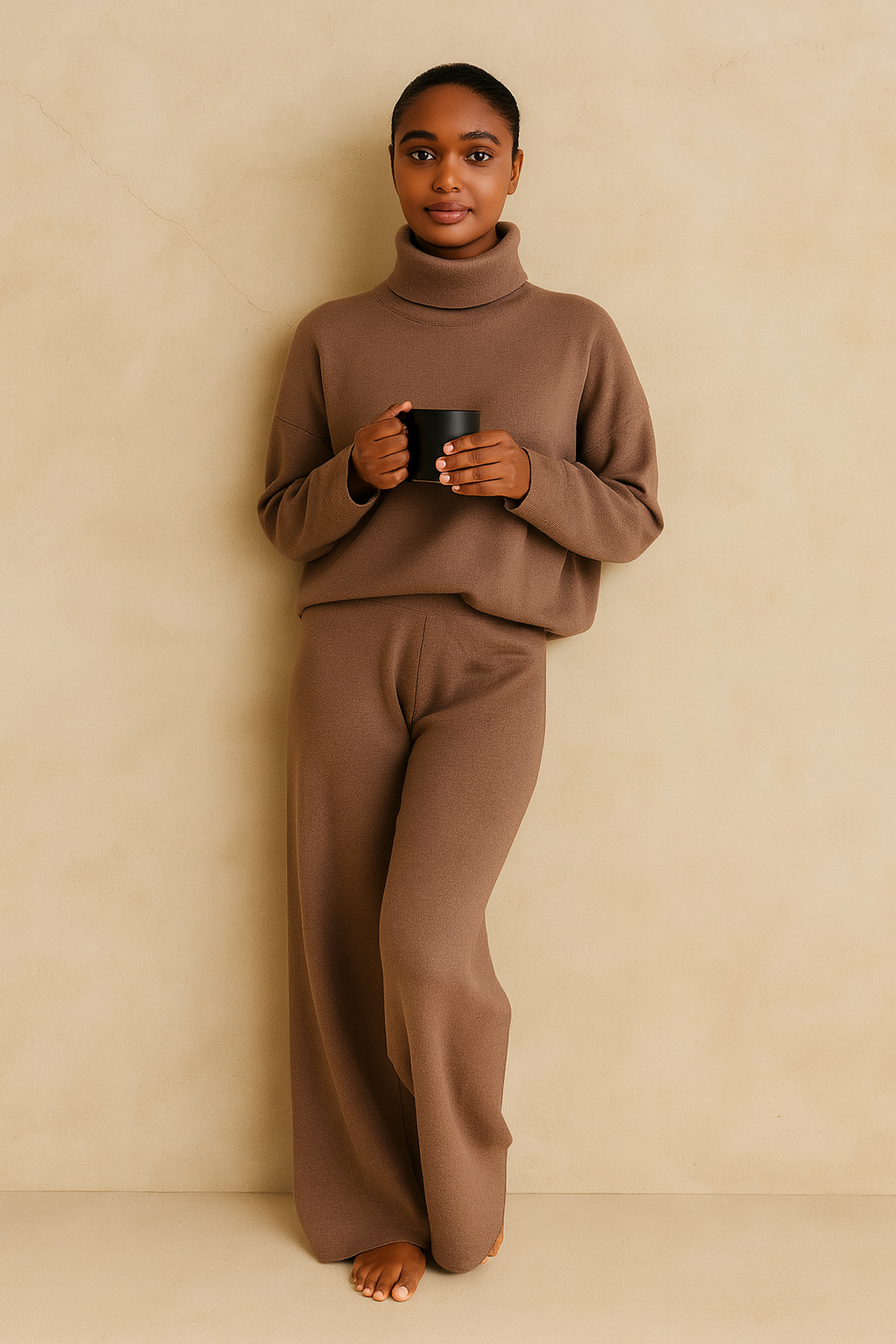 Soft Knit Turtleneck Lounge Set – Mocha Brown