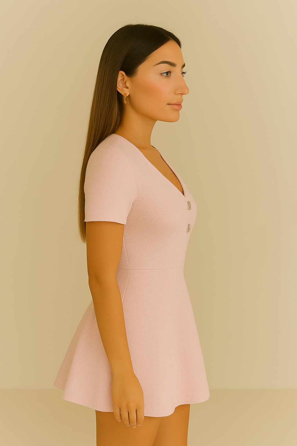 Light pink tweed mini dress with gold buttons and patch pockets