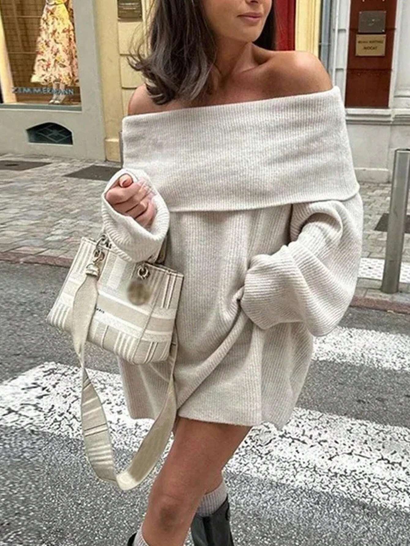 Off Shoulder Knit Dress –Sweater Dress with Folded Collar