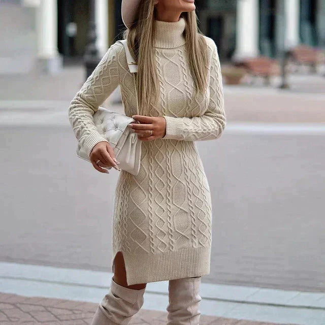 Cable Knit Turtleneck Sweater Dress for Women – Long Sleeve, Slim Fit, Winter Style