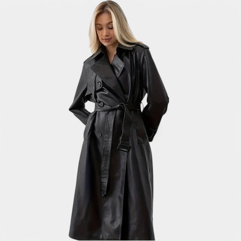 Women’s Long Black Faux Leather Trench Coat with Belt
