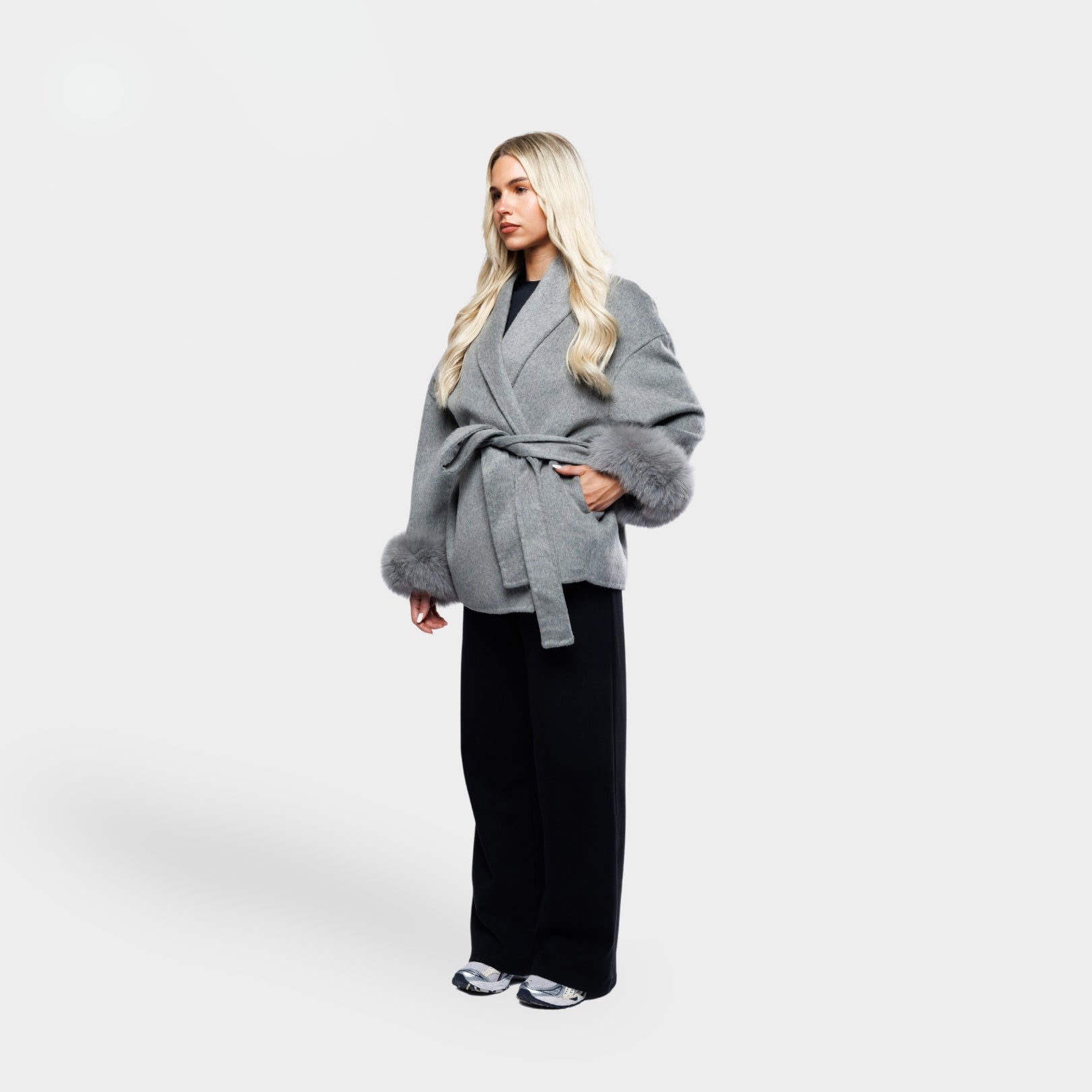 Women’s Grey Wrap Coat with Faux Fur Cuffs