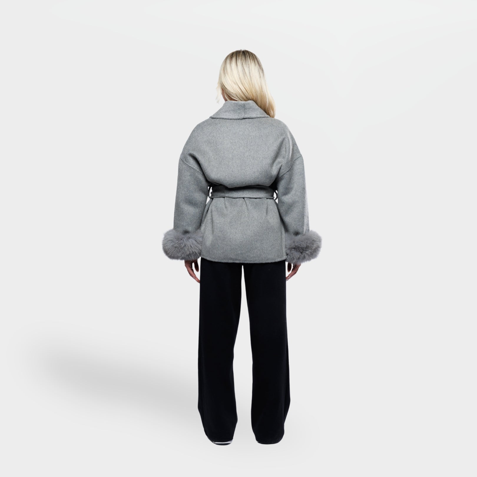 Women’s Grey Wrap Coat with Faux Fur Cuffs