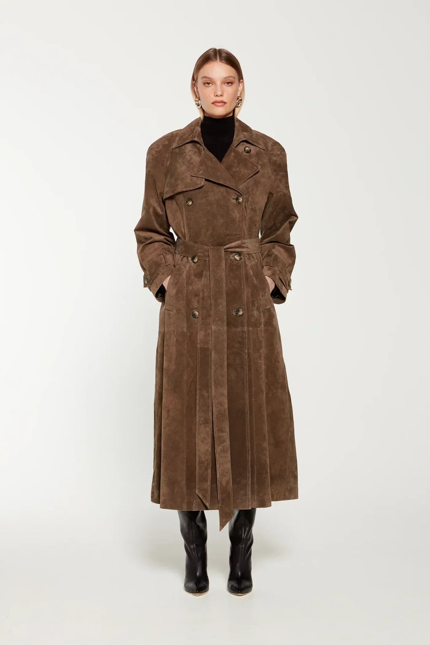 Women's Long Suede Trench Coat – Double-Breasted Belted Overcoat