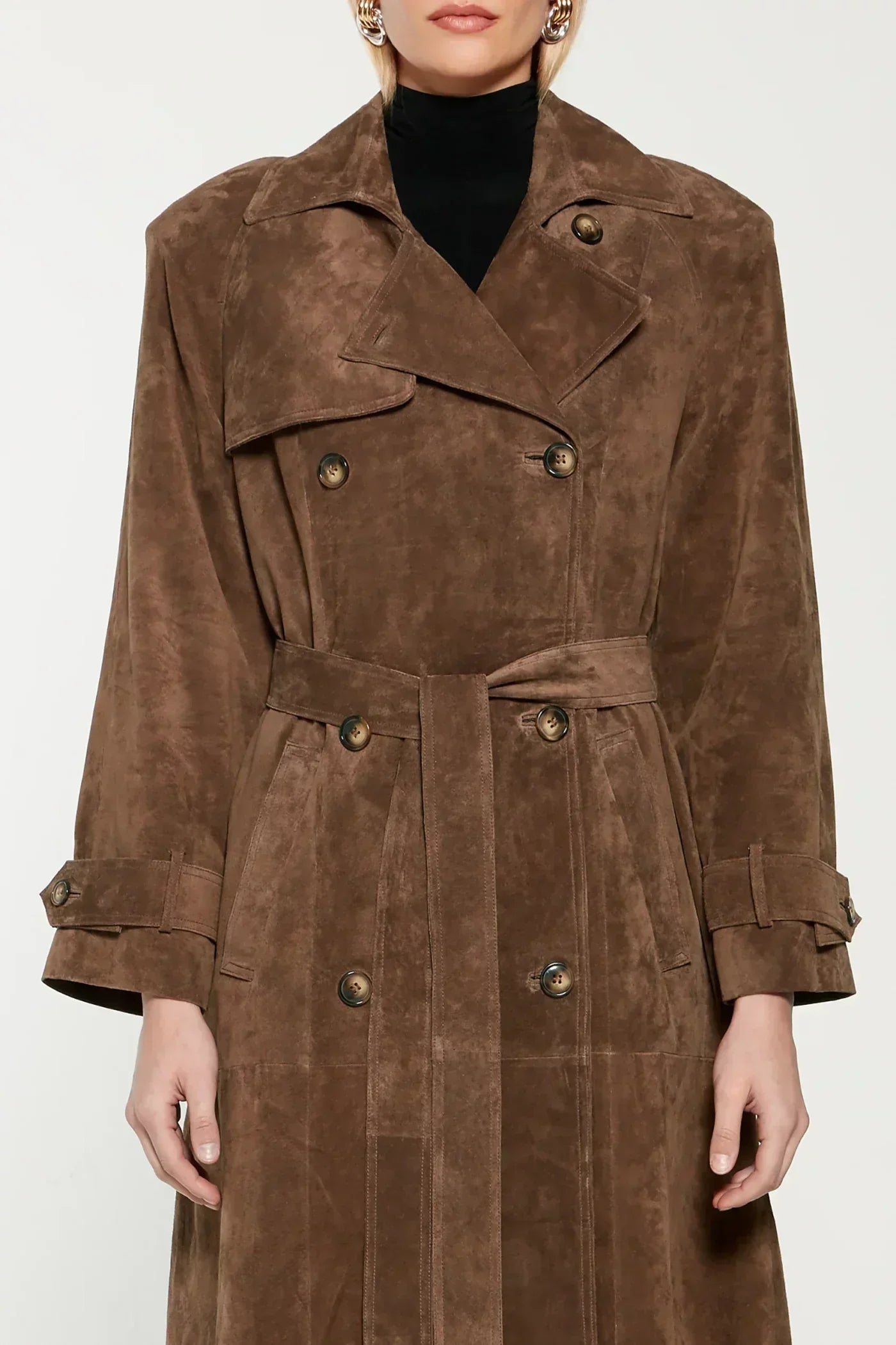 Women's Long Suede Trench Coat – Double-Breasted Belted Overcoat