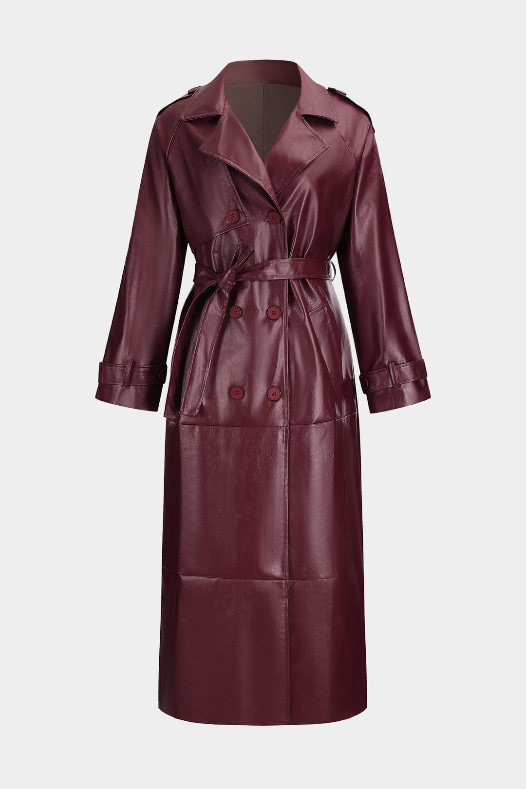 Women's Long Faux Leather Trench Coat – Belted Full-Length Jacket