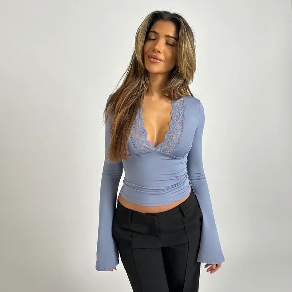 Women’s Long Sleeve Lace Trim Crop Top – Deep V-Neck Blouse