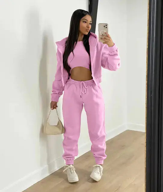 Women’s Three-Piece Tracksuit Set – Cream Bomber Jacket, Crop Top and Joggers