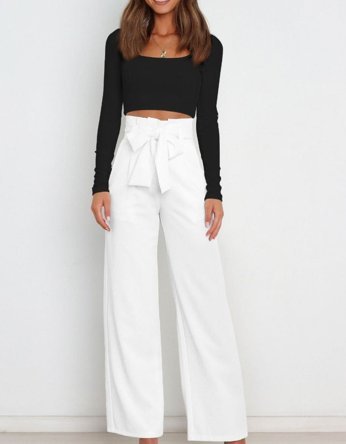 Women’s High-Waisted Wide-Leg Black Trousers with Tie Belt