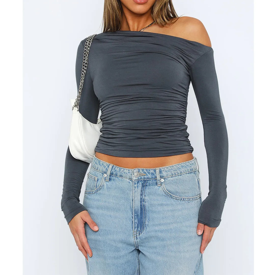 Women’s Off-Shoulder Long Sleeve Crop Top – Fitted Blouse