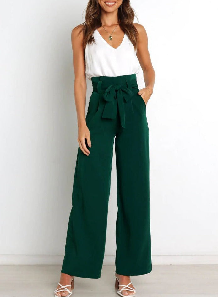 Women’s High-Waisted Wide-Leg Black Trousers with Tie Belt