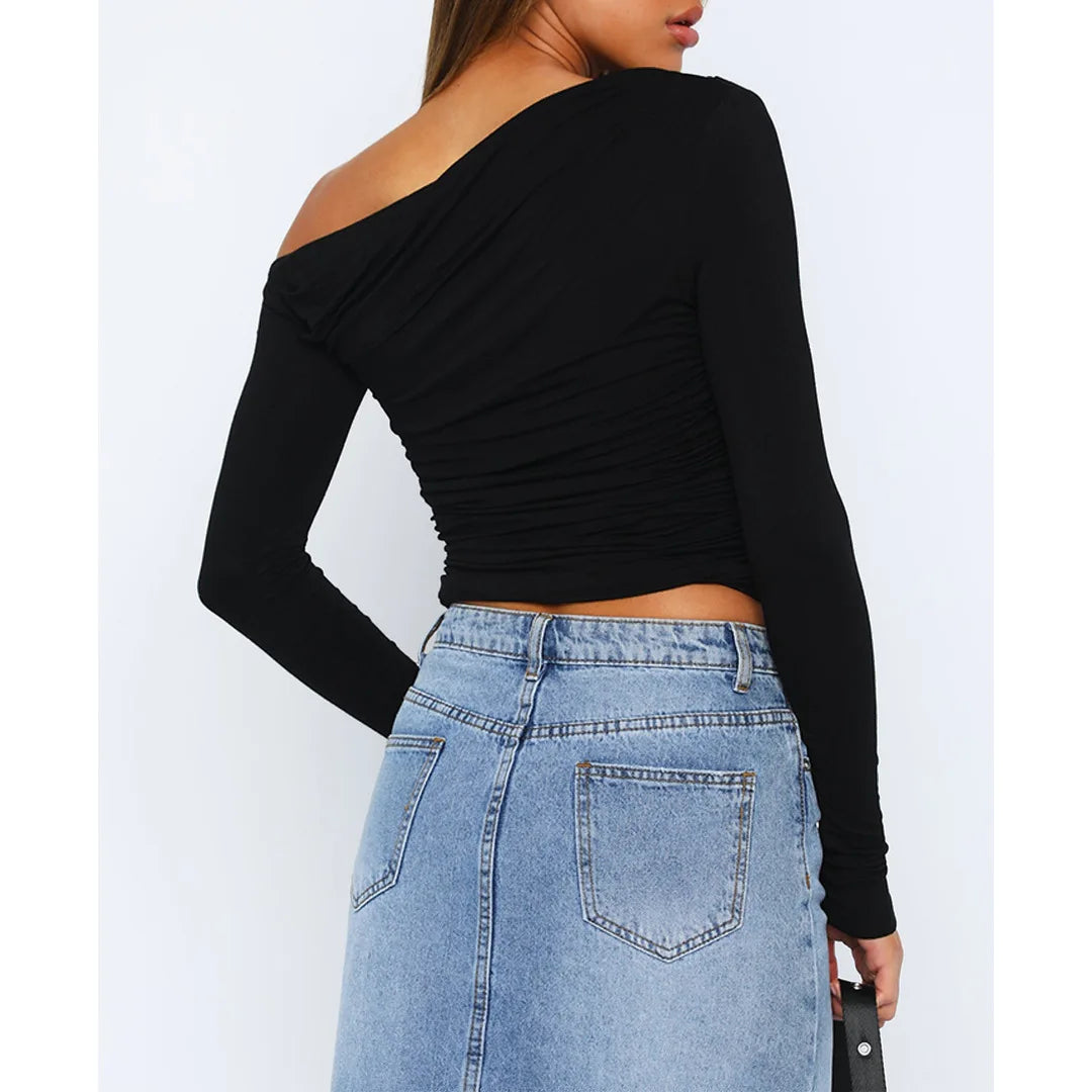 Women’s Off-Shoulder Long Sleeve Crop Top – Fitted Blouse