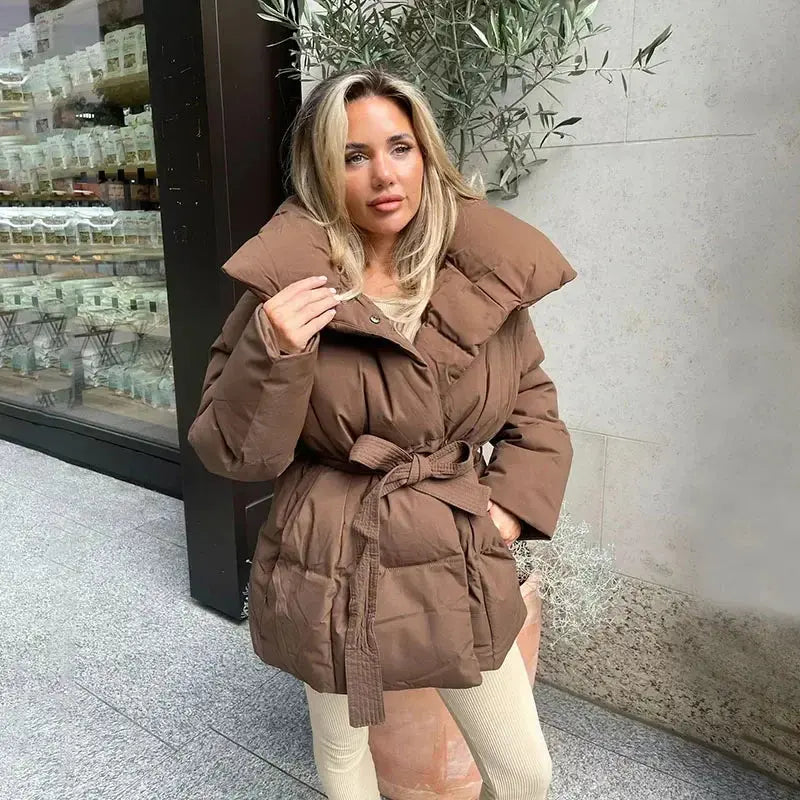 Women's Belted Puffer Jacket with Oversized Collar – Winter Warm Coat