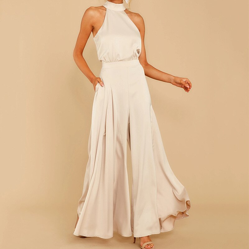 Women’s White Halterneck Jumpsuit – Wide Leg Evening One-Piece