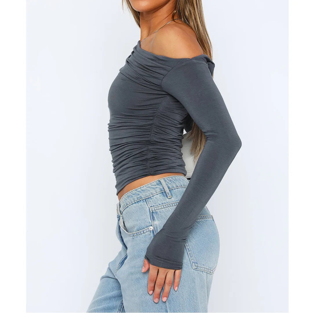 Women’s Off-Shoulder Long Sleeve Crop Top – Fitted Blouse