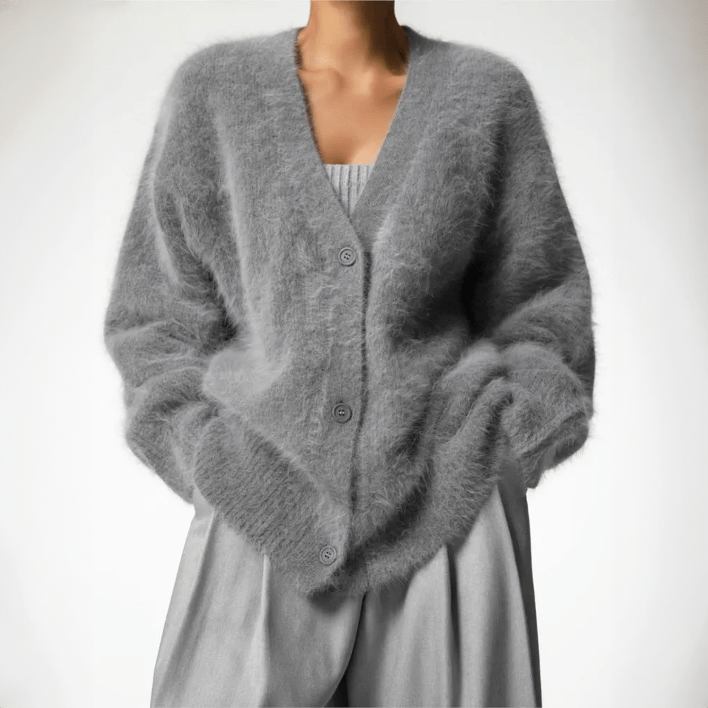 Soft Grey Fluffy Knit Cardigan – Luxury Oversized Sweater for Women