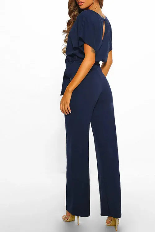 Women’s Short Sleeve Belted Jumpsuit – Elegant Wide-Leg One-Piece