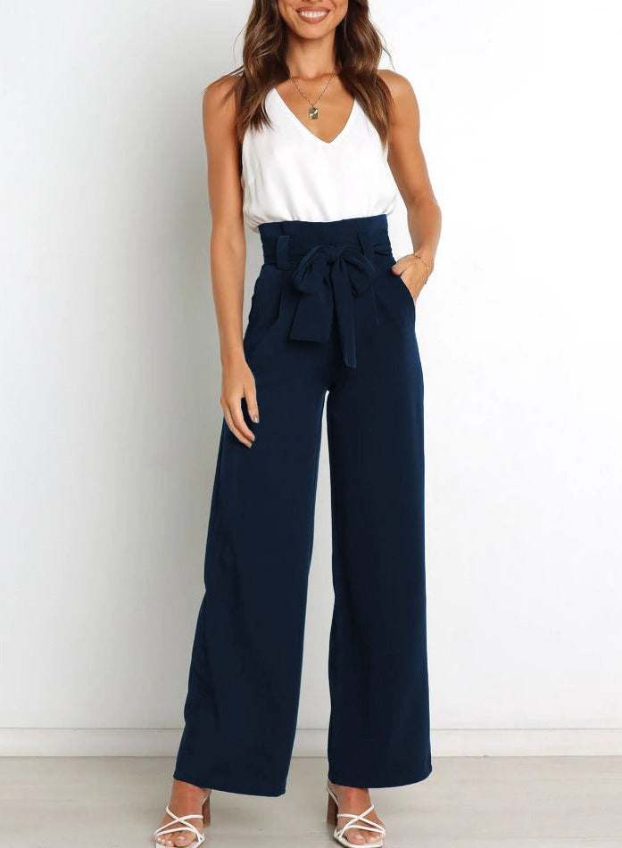Women’s High-Waisted Wide-Leg Black Trousers with Tie Belt