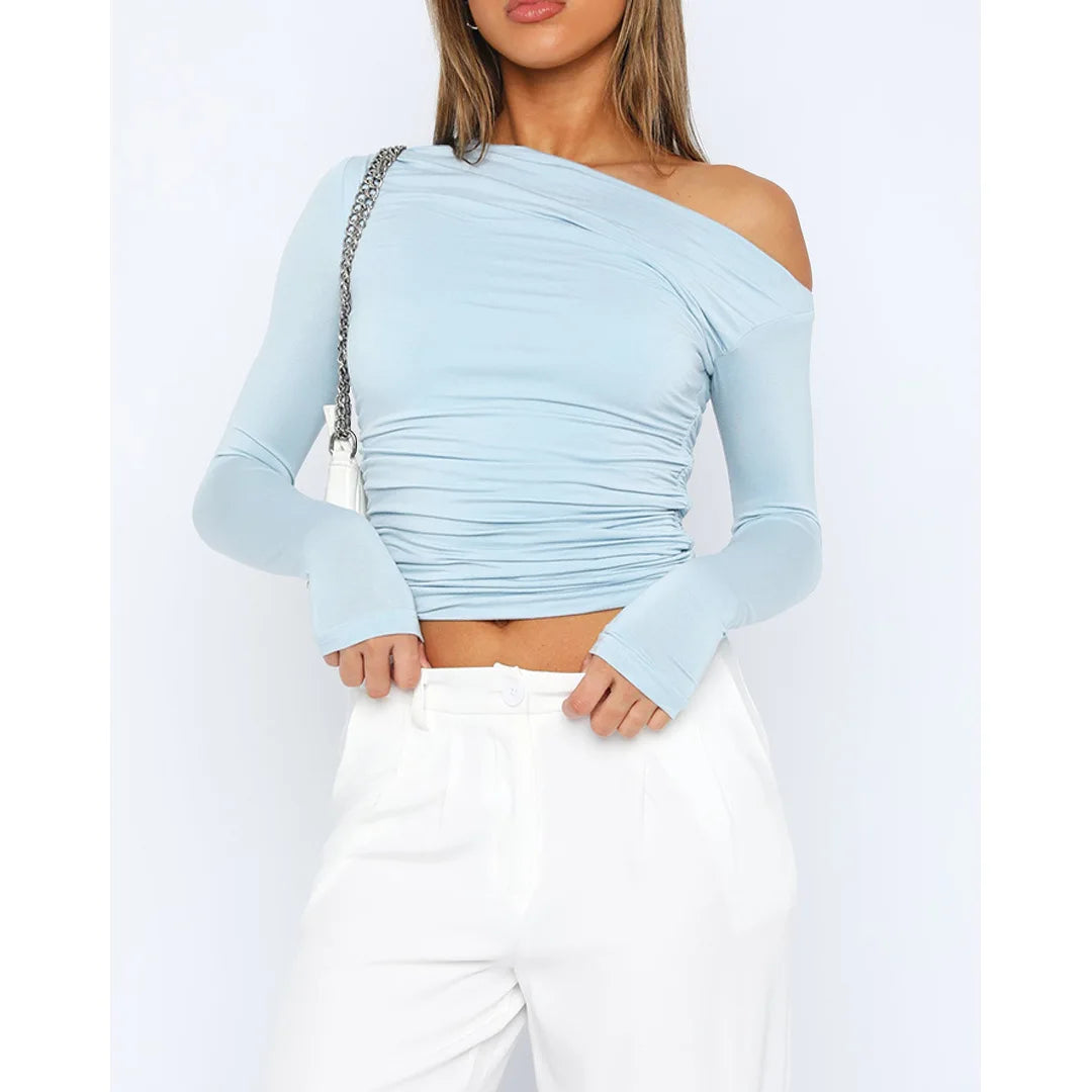 Women’s Off-Shoulder Long Sleeve Crop Top – Fitted Blouse