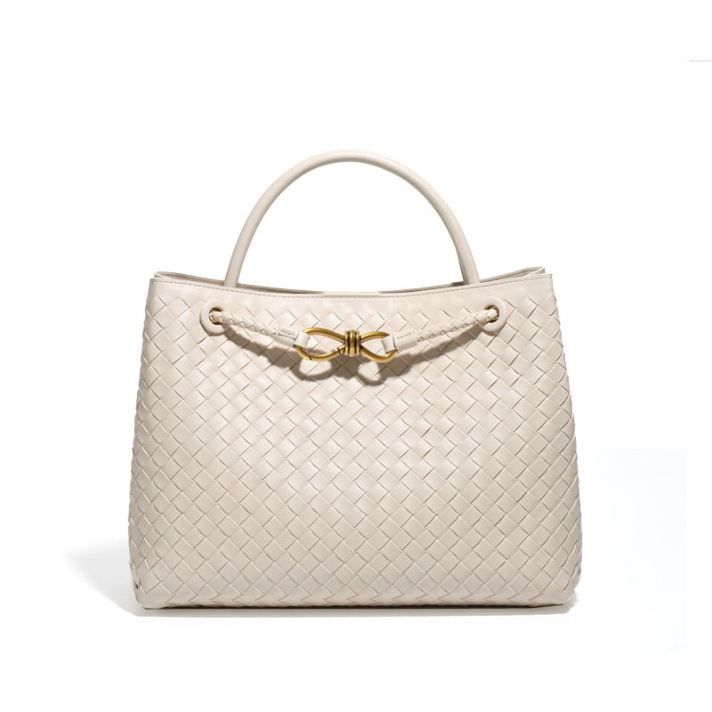 Black Woven Leather Tote Bag with Gold Accent – Structured Elegance