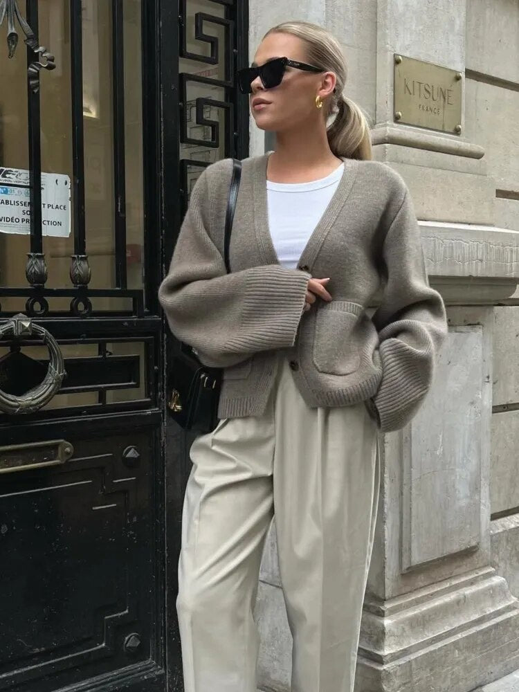 Women's Button-Up Knit Cardigan – V-Neck Casual Sweater