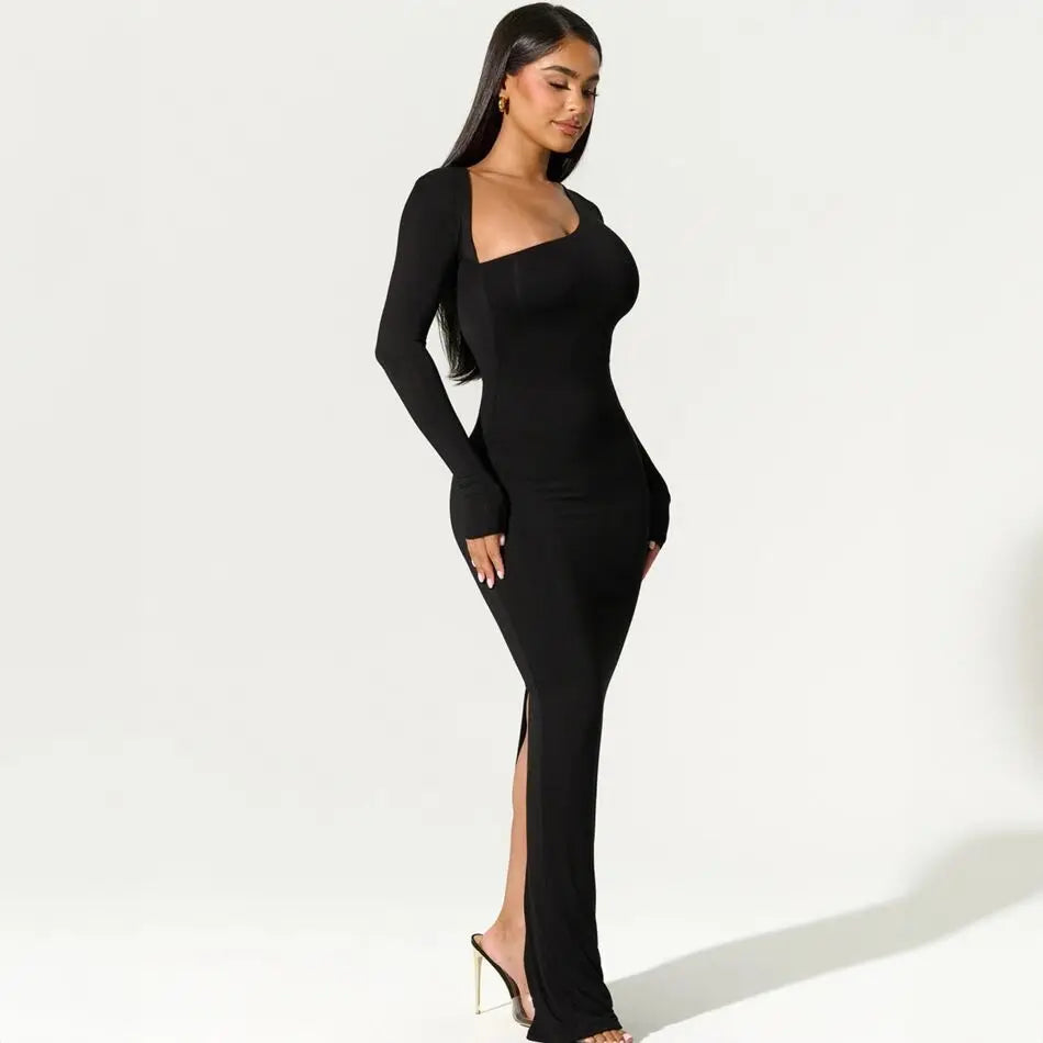 One-Shoulder Long Sleeve Evening Gown – Floor-Length Bodycon Formal Dress