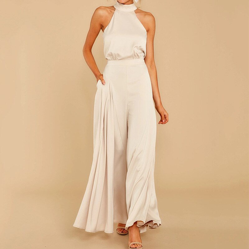 Women’s White Halterneck Jumpsuit – Wide Leg Evening One-Piece