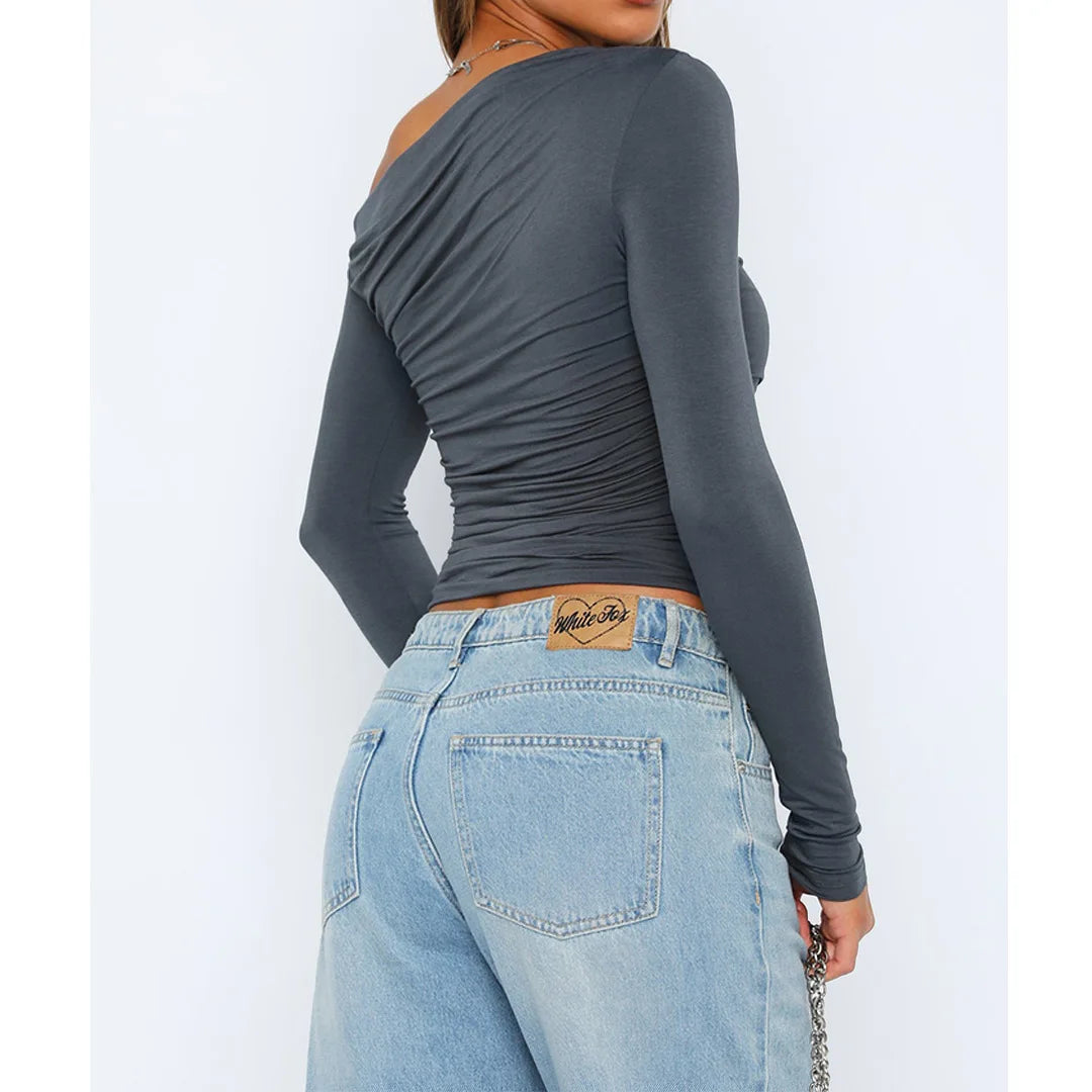 Women’s Off-Shoulder Long Sleeve Crop Top – Fitted Blouse