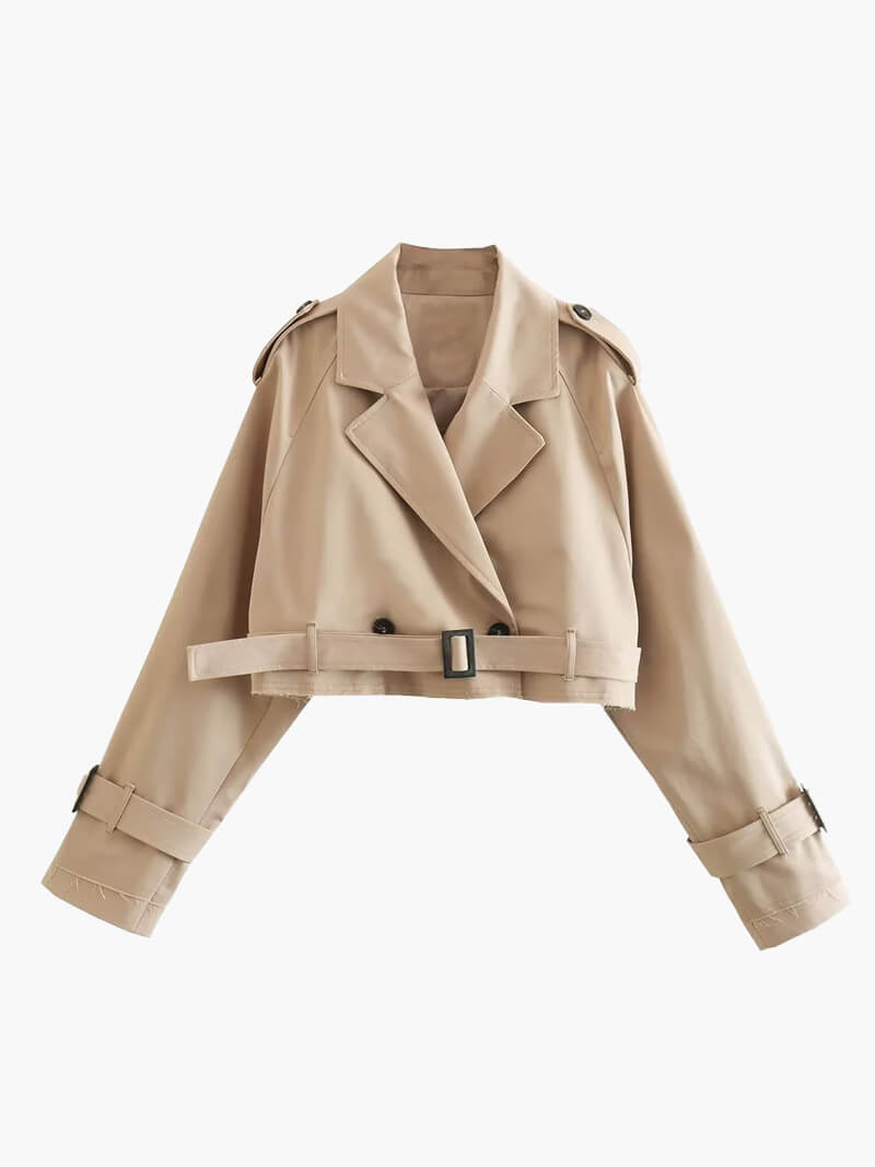 Women's Cropped Trench Coat – Double-Breasted Belted Short Jacket