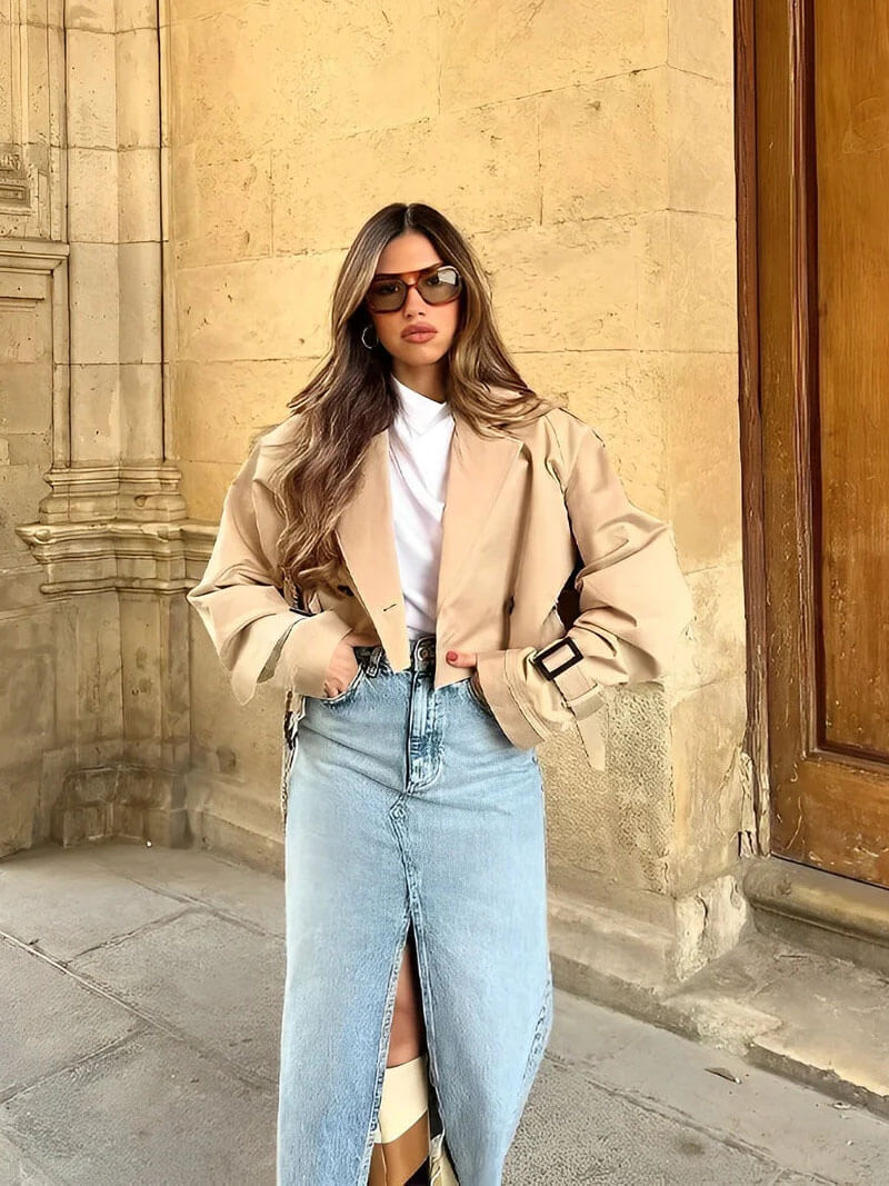 Women's Cropped Trench Coat – Double-Breasted Belted Short Jacket