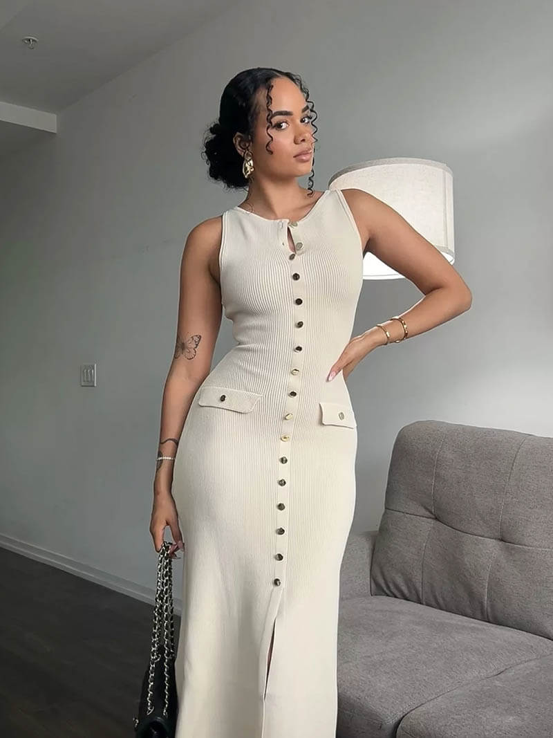 Beige Sleeveless Button Down Maxi Dress – Elegant Summer Casual Dress with Front Slit