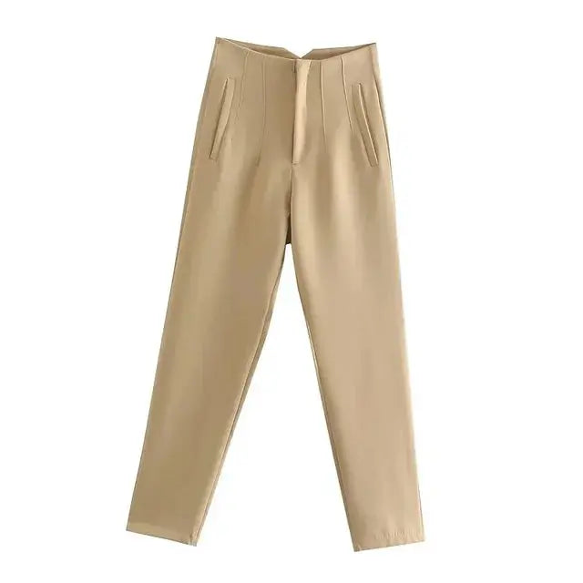 Women’s High-Waisted Beige Trousers – Slim Straight-Leg Fit