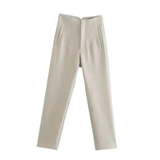 Women’s High-Waisted Beige Trousers – Slim Straight-Leg Fit