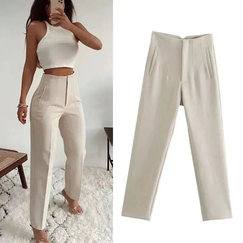 Women’s High-Waisted Beige Trousers – Slim Straight-Leg Fit