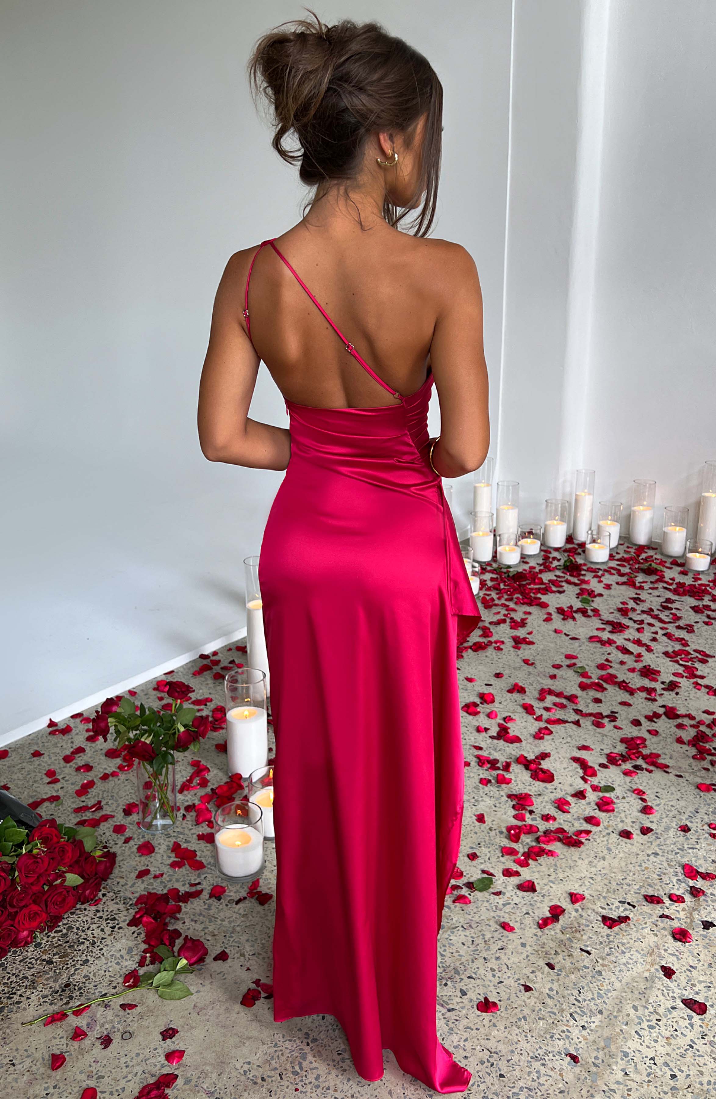 Women’s One-Shoulder Satin Maxi Dress with Side Split – Evening Gown