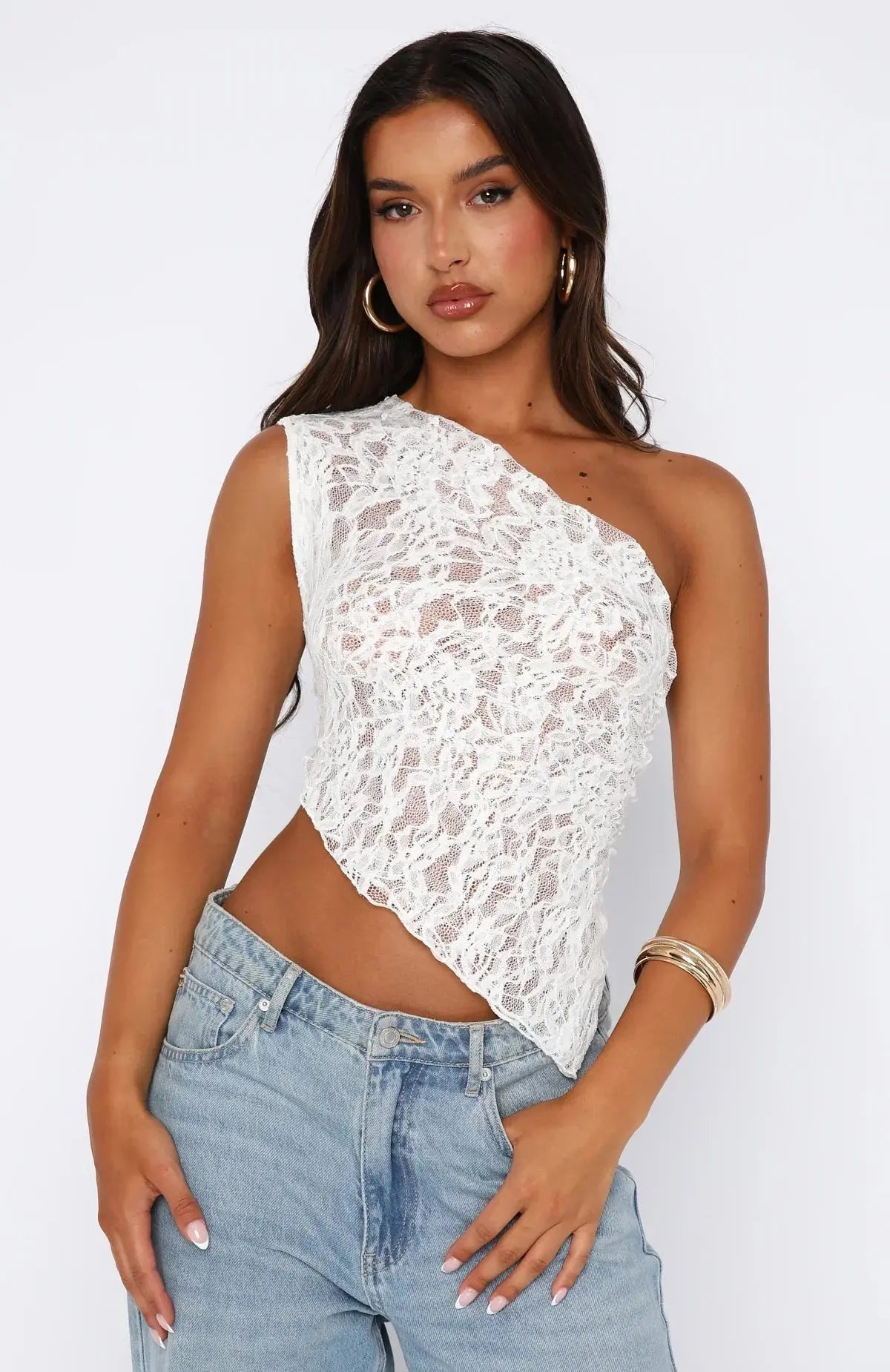 Women’s One Shoulder Lace Top – Asymmetric Sleeveless Blouse
