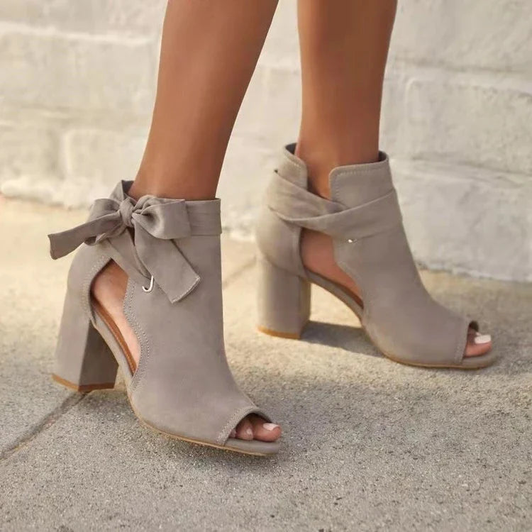 Women’s Peep Toe Block Heel Ankle Boots with Bow Detail – Taupe