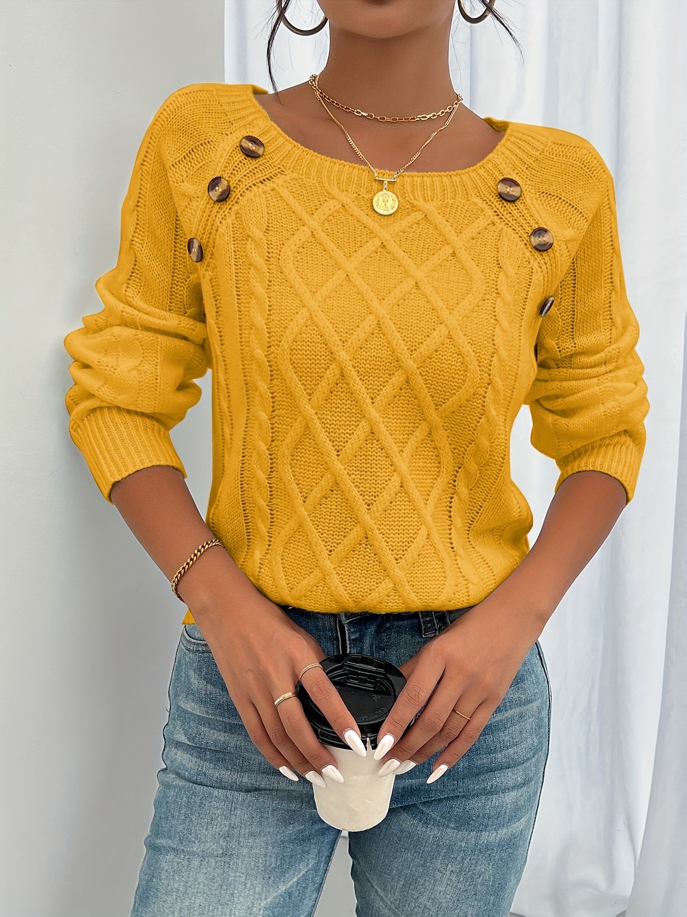 Women’s Cable Knit Sweater with Button Detail – Multiple Colors