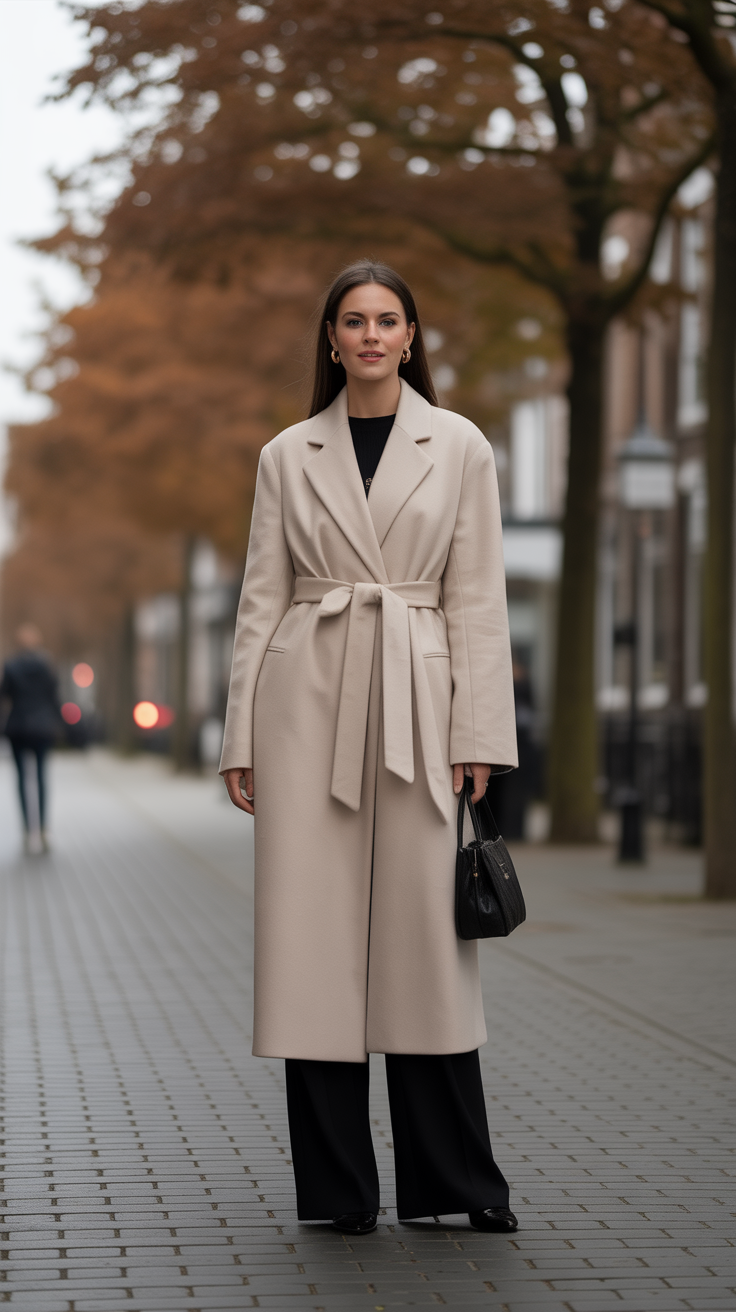 Beige Oversized Wool Coat – Elegant & Comfortable with Belt